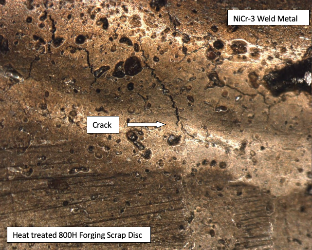 Color image of fusion zone cracking with labels showing NiCr-3 weld metal, the crack, and heat-treated 800H forging scrap disc