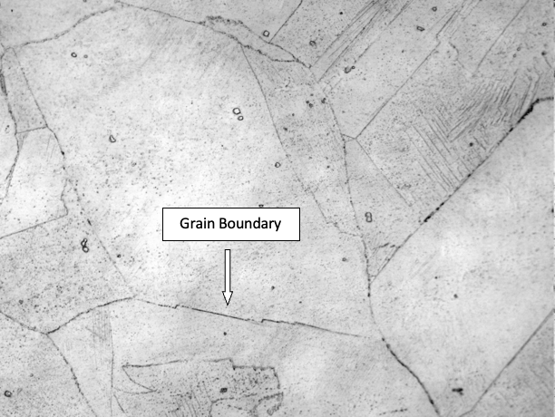 Optical micrograph at 100x of as-received 800H base material with grain boundary highlighted