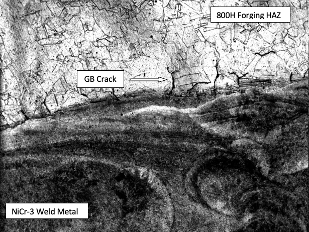 Micrograph of HAZ solidification cracking, HT-E5198, Replication #4