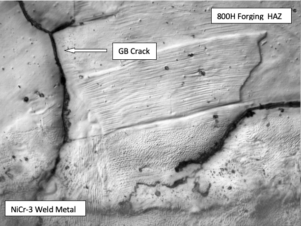 Micrograph at 100x showing HAZ solidification crack, HT-E5198, Replication #4
